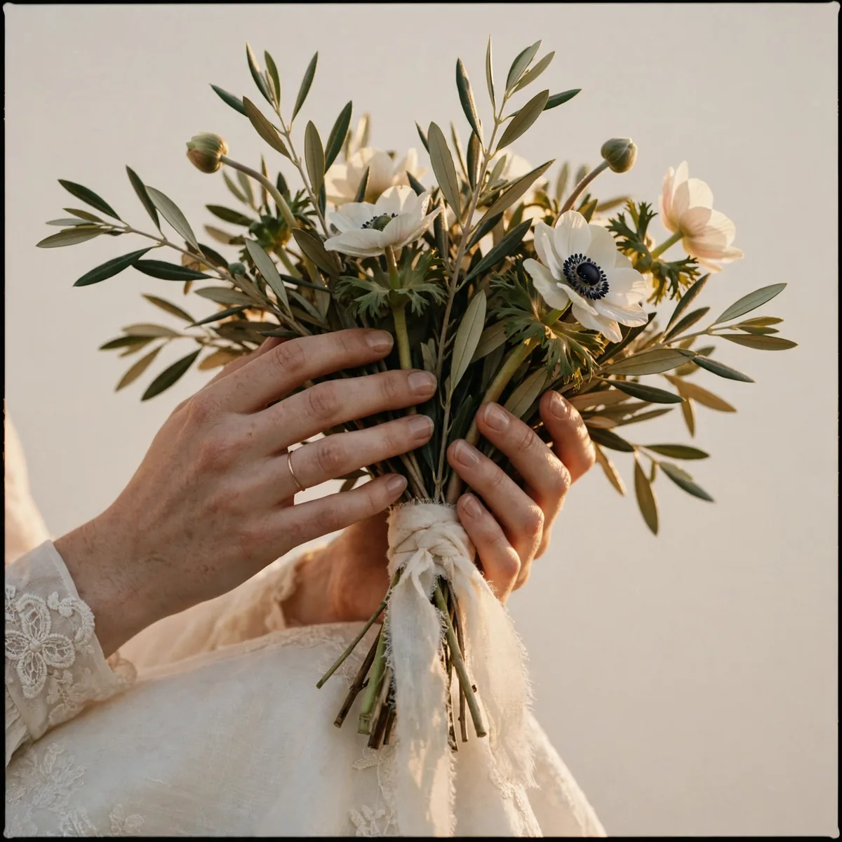 Bride's hands holding a loose olive-branch and white anemone bouquet