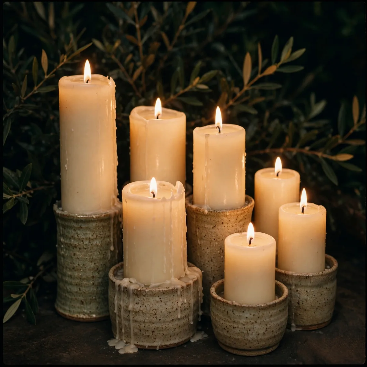 Clustered ivory pillar candles at varied heights glowing at night