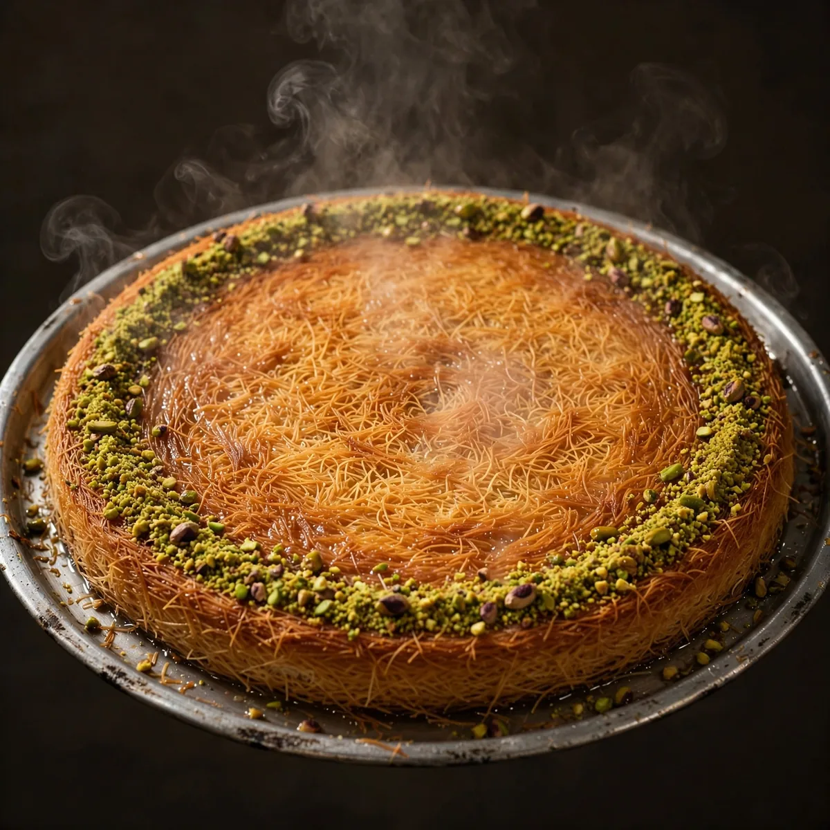 A giant round knafeh topped with crushed pistachios