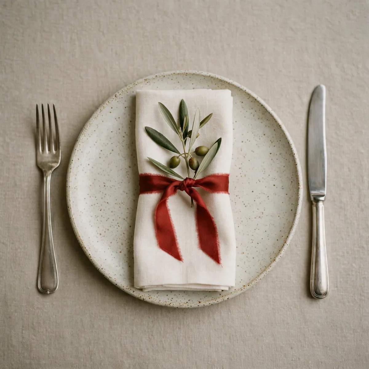 Place setting with ceramic plate, linen napkin tied with pomegranate ribbon and an olive sprig