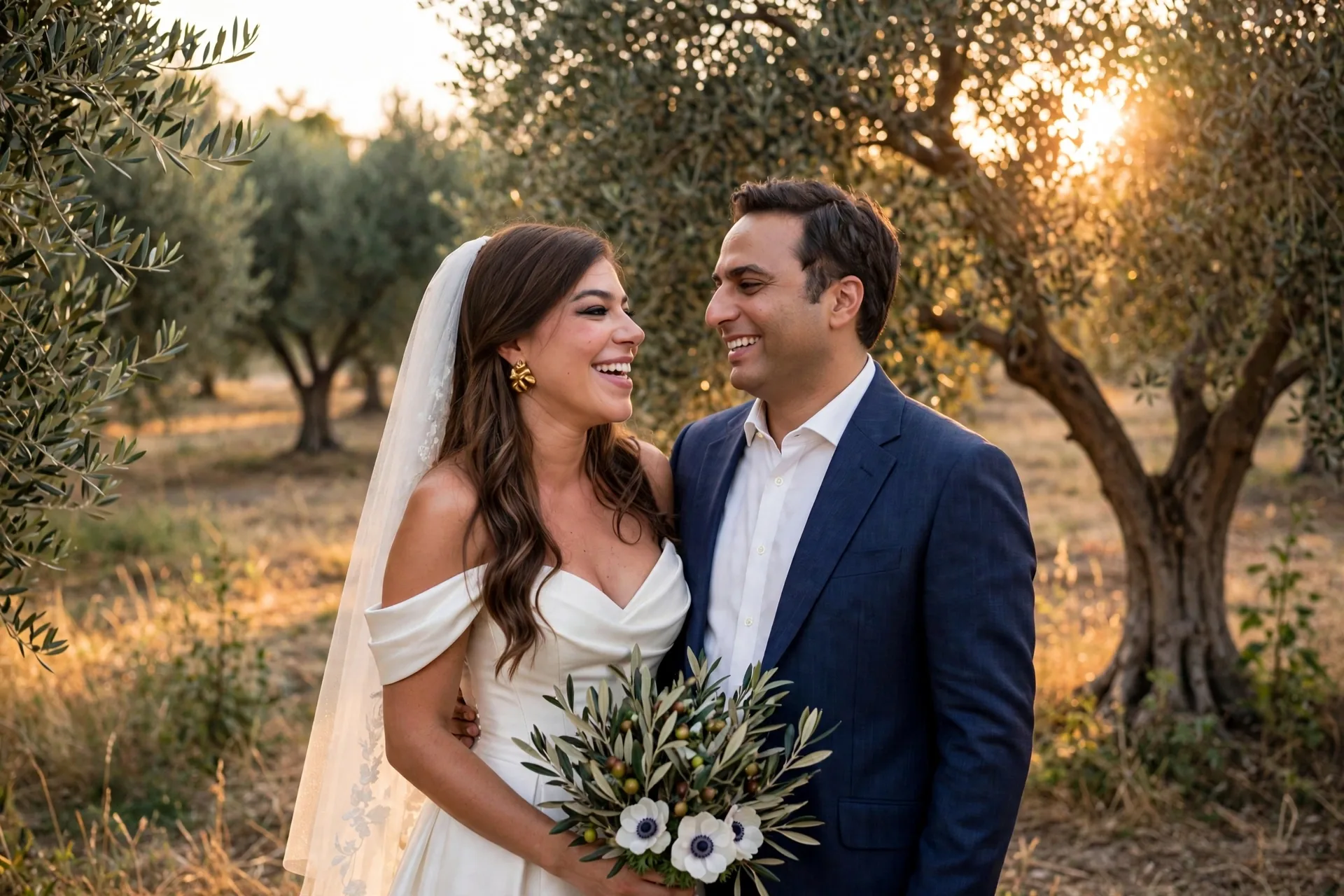 Yiota and Jamil laughing together in an olive grove at golden hour