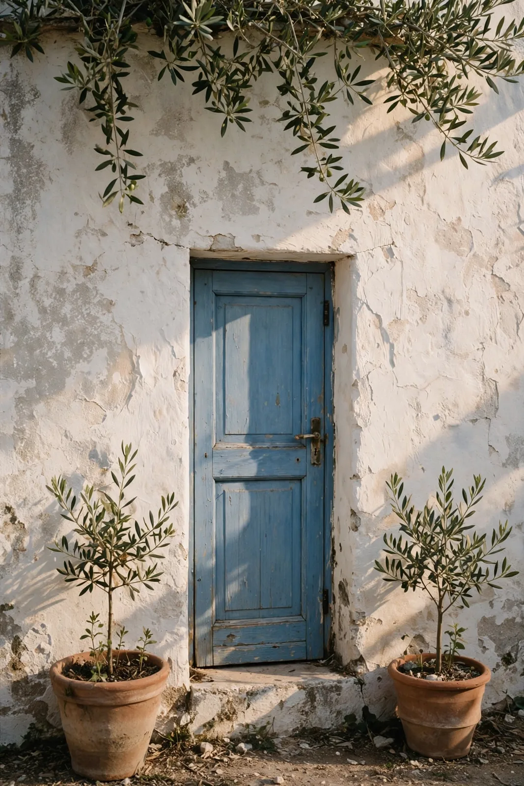 Azure blue door in a whitewashed stone wall with olive saplings