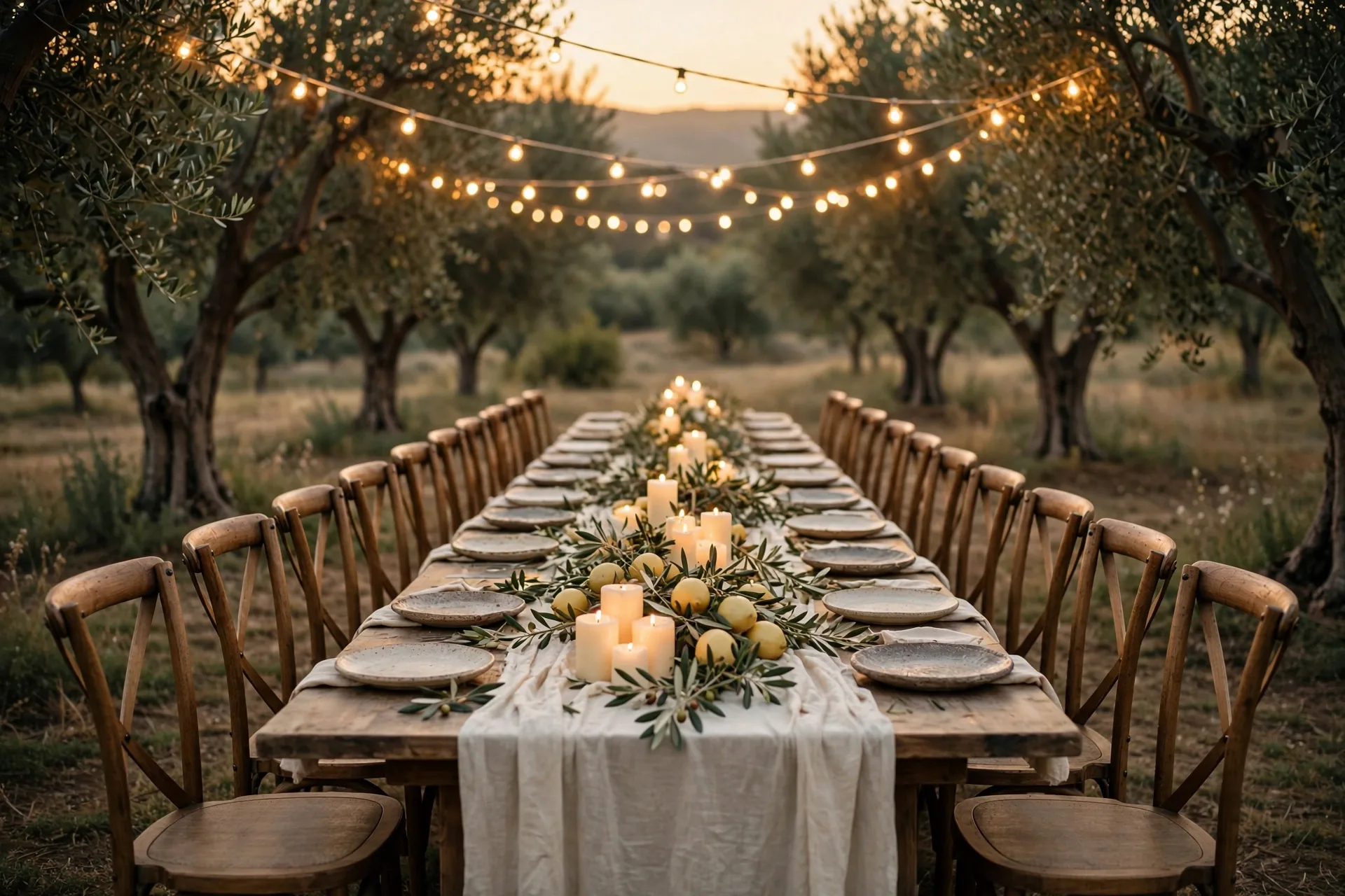 Long wedding dinner table under olive trees strung with bistro lights at dusk
